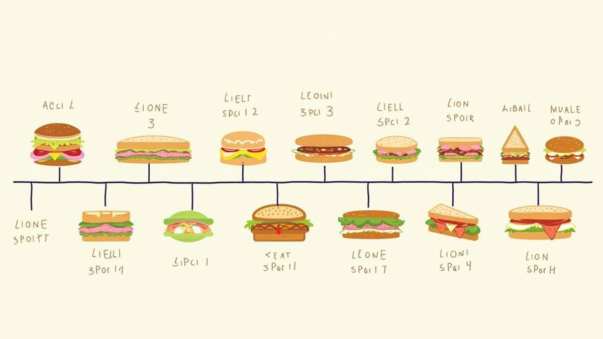 Een geïllustreerde tijdlijn van de geschiedenis van sandwiches.