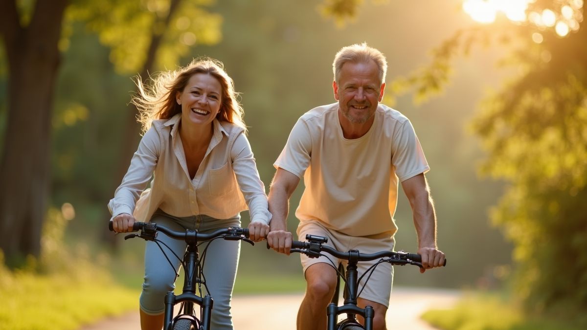 Een gelukkig gezin op elektrische fietsen in de natuur