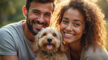 Een familie adopteert een hond of kat uit een dierenasiel