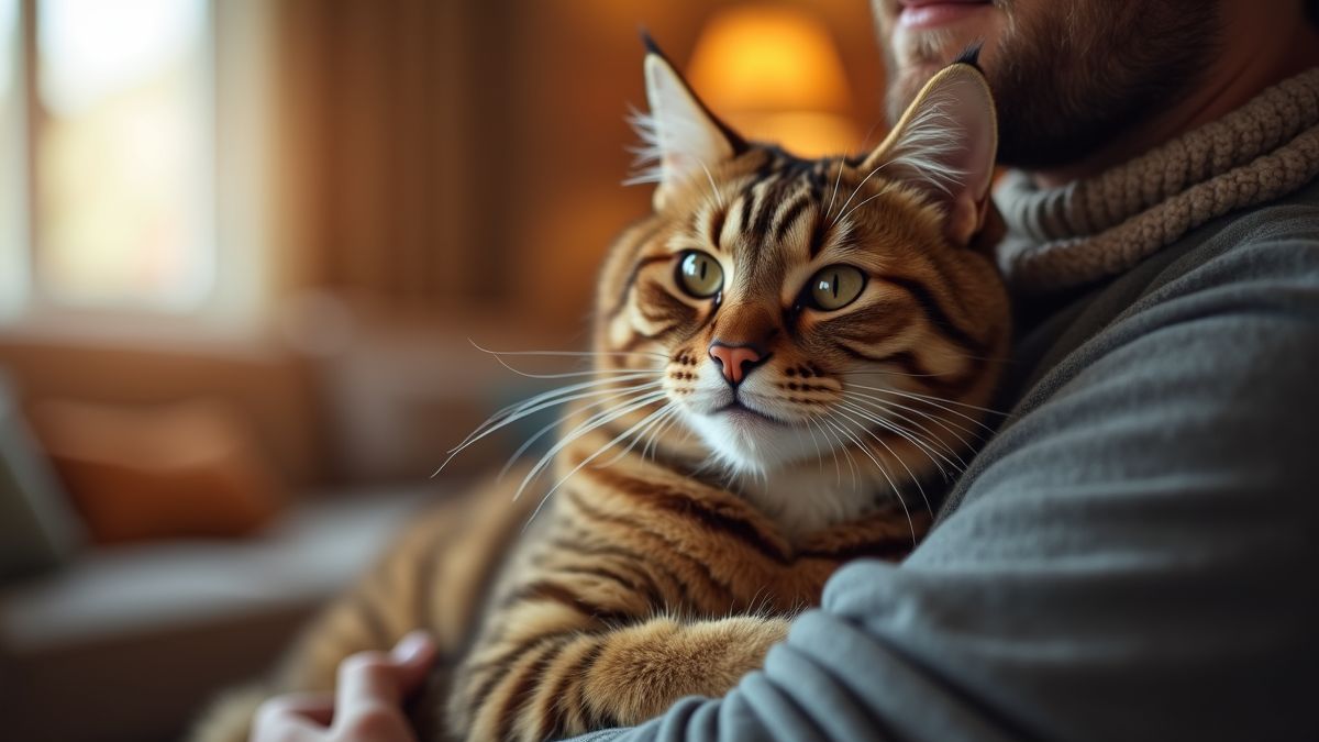 Een gelukkige kat die wordt geknuffeld door zijn eigenaar in een gezellige woonkamer.