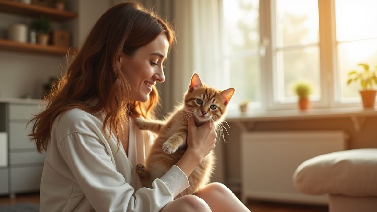Een gelukkige kattenbezitster die speelt met haar kitten