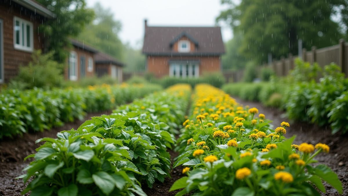 Een gemeenschappelijke tuin die bloeit na een regenbui