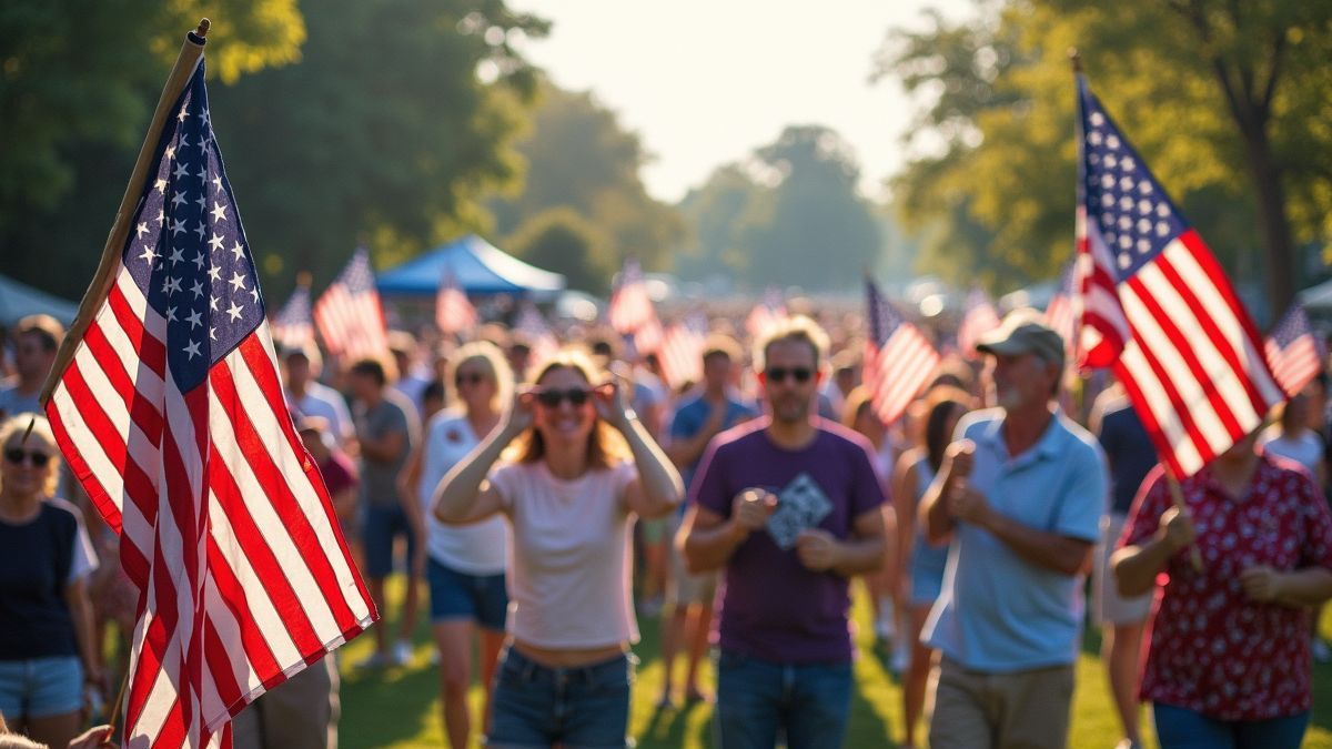 Een gemeenschapsbijeenkomst die vrijheid viert met vlaggen en muziek