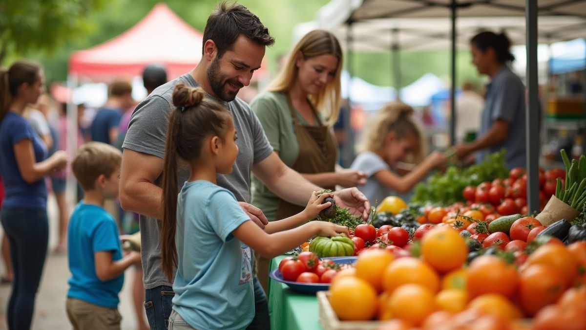 Een gemeenschapsbijeenkomst op de boerenmarkt.