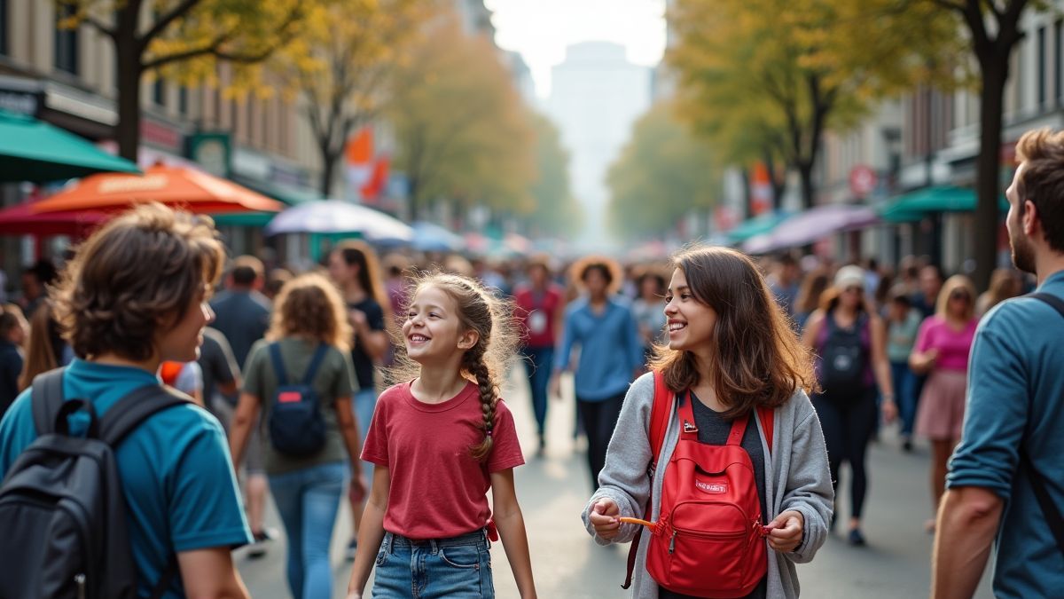 Een gemeenschapsbijeenkomst op een straat vol mensen die buitenactiviteiten genieten.