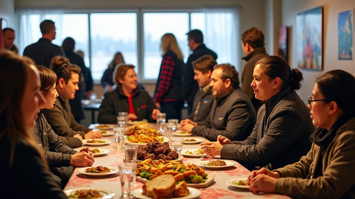 Een gemeenschapsbijeenkomst ter viering van Nunavut Dag met traditioneel voedsel en rituelen.