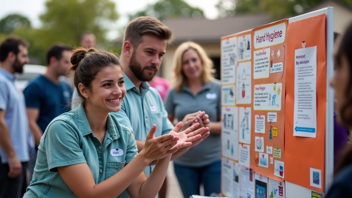 Een gemeenschapsgezondheidsevenement met mensen die leren over handhygiëne