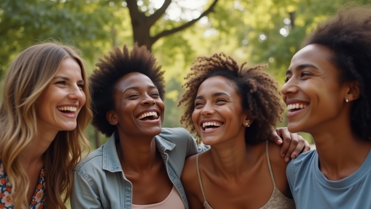 Een gemengde groep mensen die samen lachen in een park.