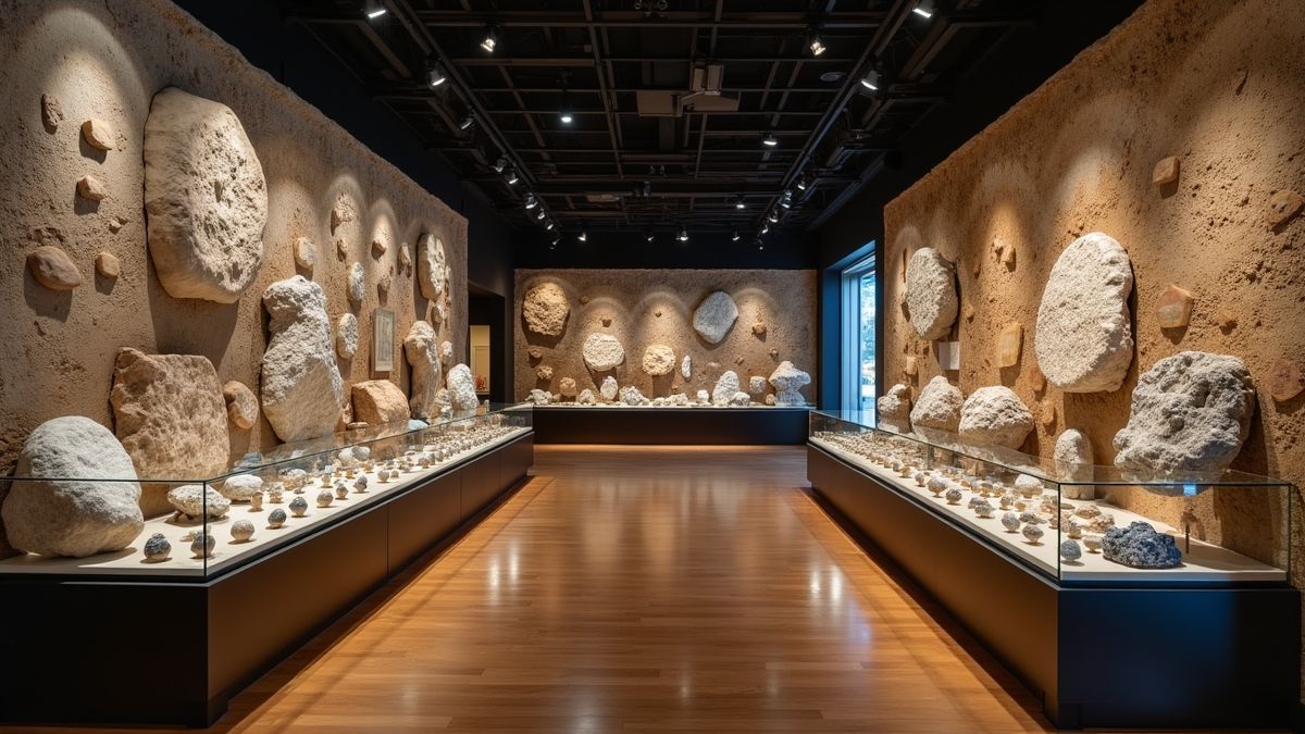 Een geologie museum met tentoonstellingen van verschillende stenen en mineralen