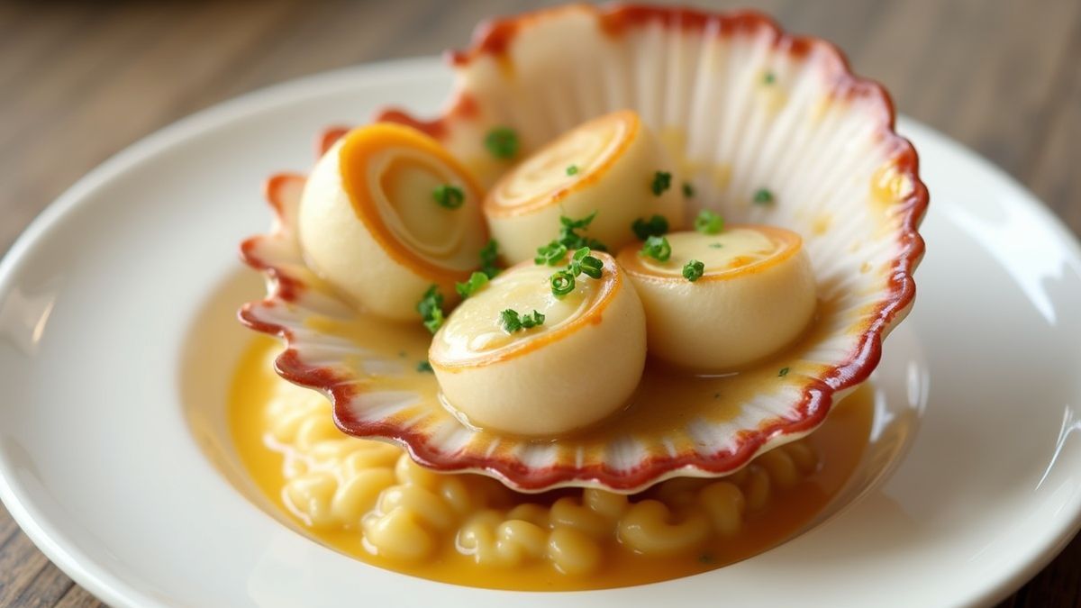 Een gerecht van Coquilles Saint Jacques in een schelp.