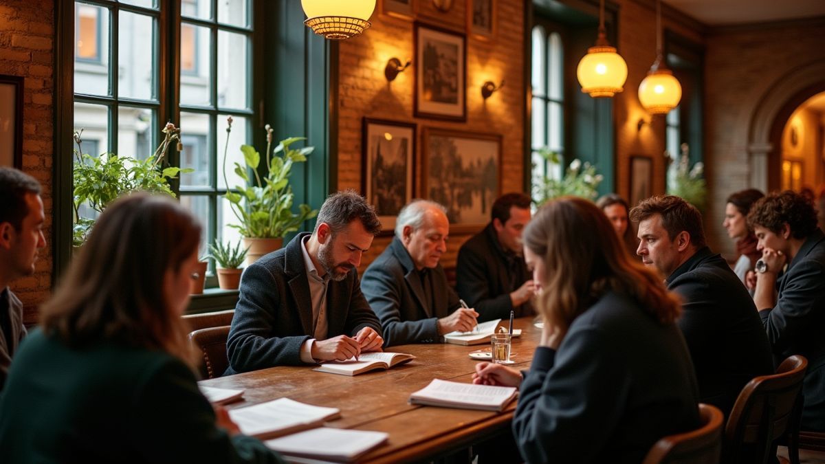 Een gezellig Belgisch café met poëzielezers