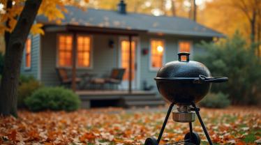 Een gezellige achtertuin met een propaan grill, omringd door herfstbladeren.