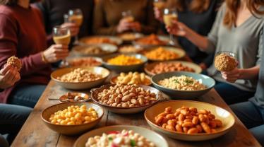 Een gezellige bijeenkomst met vrienden die pinda-gerechten delen.