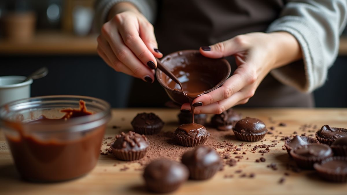 Een gezellige keuken met een persoon die chocolade smelt en chocoladelekkernijen voorbereidt