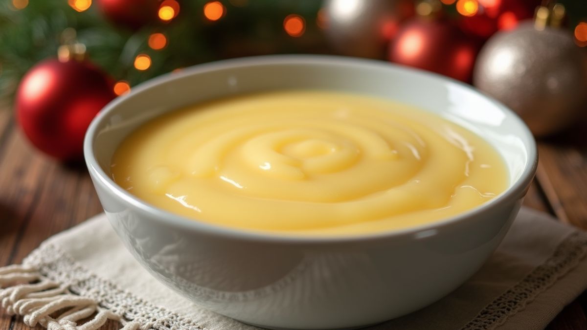 Een gezellige kom vanillepudding op een feestelijke tafel