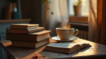 Een gezellige leeshoek met boeken en een kop thee