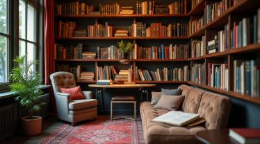 Een gezellige leeshoek met boeken van Belgische auteurs.
