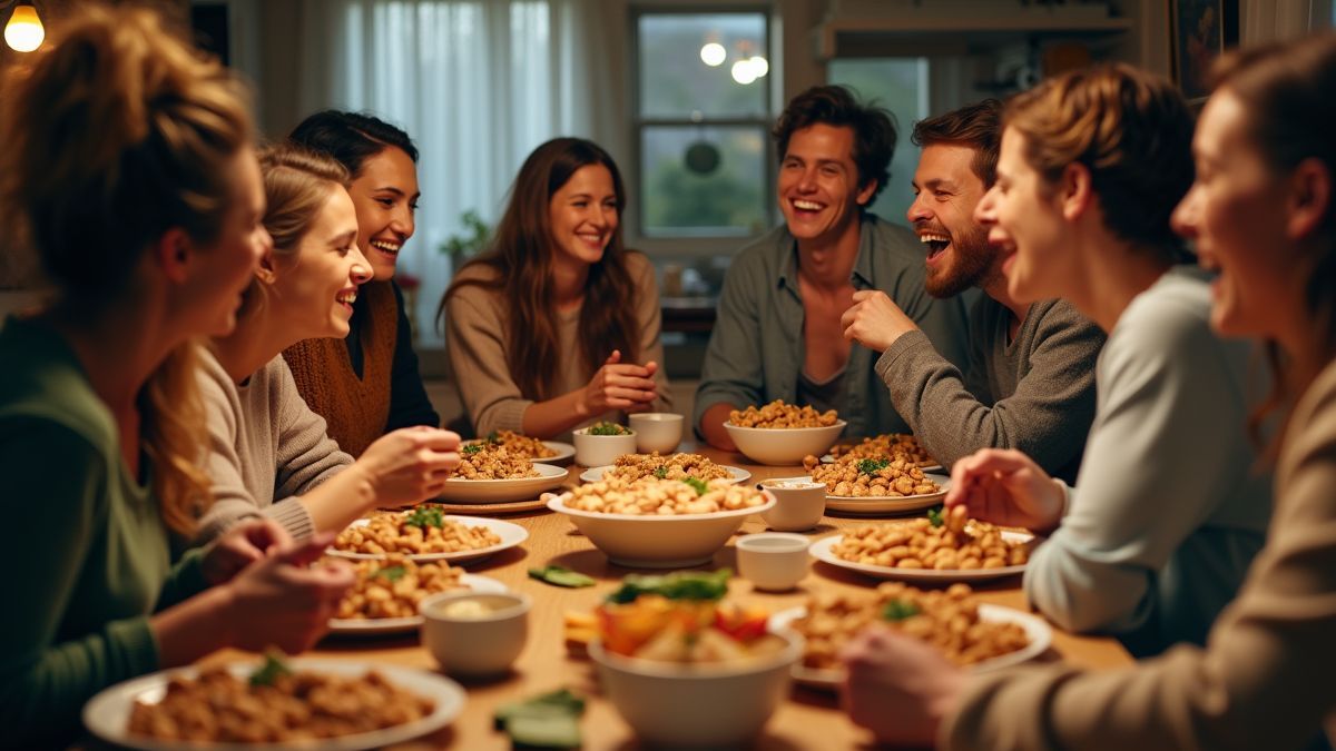 Een gezellige tafel vol met pindagerechten en snacks.