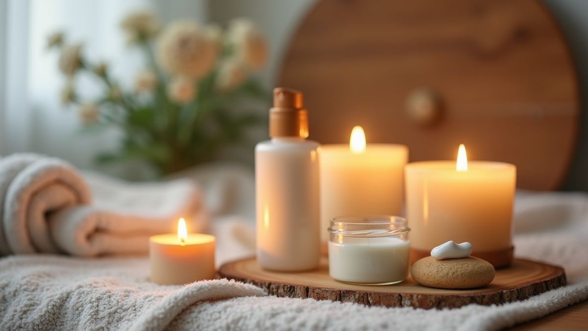 Een gezellige thuis-spa-setup met huidverzorgingsproducten.