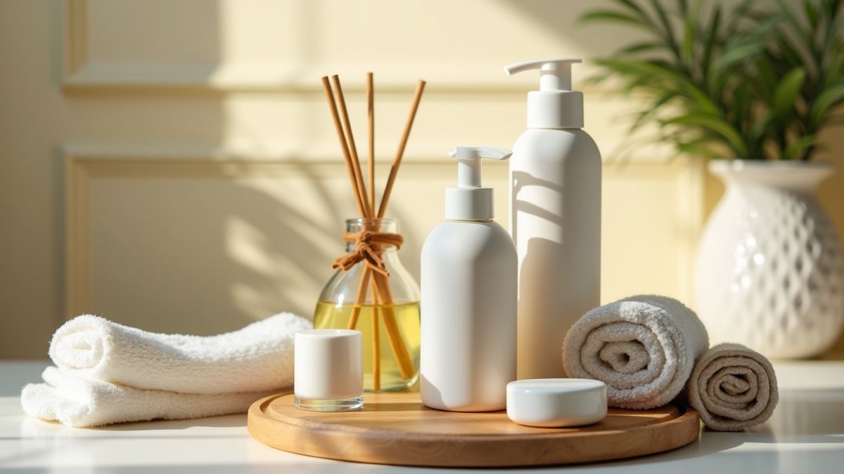 Een gezellige thuis-spa-setup met huidverzorgingsproducten.