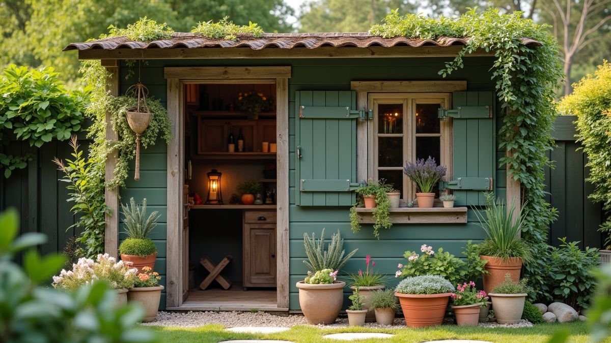 Een gezellige tuin schuur met tuingereedschap en schattige decoraties