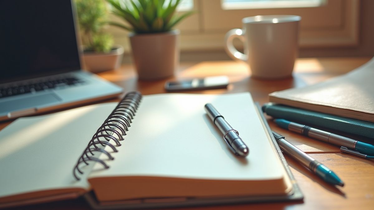 Een gezellige werkplek met schriften en kleurrijke balpennen