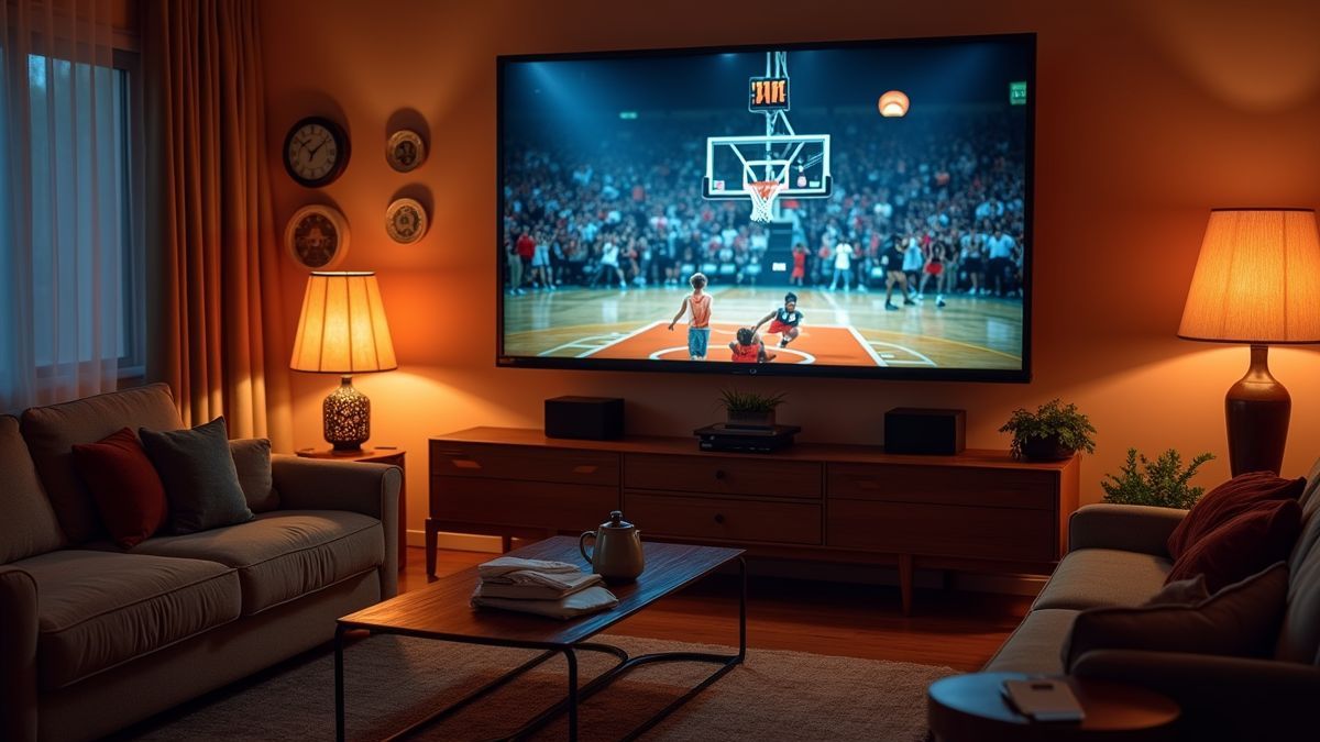 Een gezellige woonkamer klaar voor een basketbal filmavond.