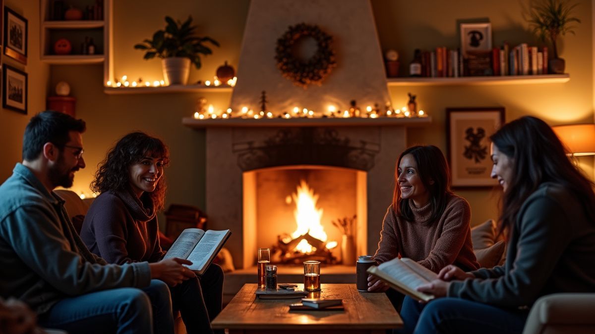 Een gezellige woonkamer met vrienden rondom de haard.