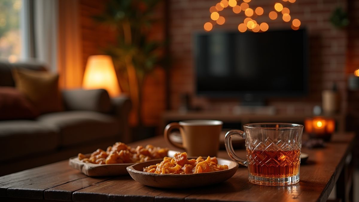 Een gezellige woonkamer met whisky en snacks voor een filmavond