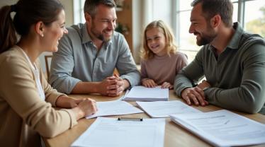 Belgische familie bespreekt financiële planning en levensverzekeringen.