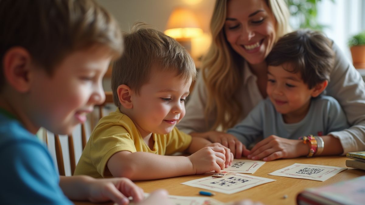 Een gezin betrokken bij een spelletje morsecode ontcijferen.