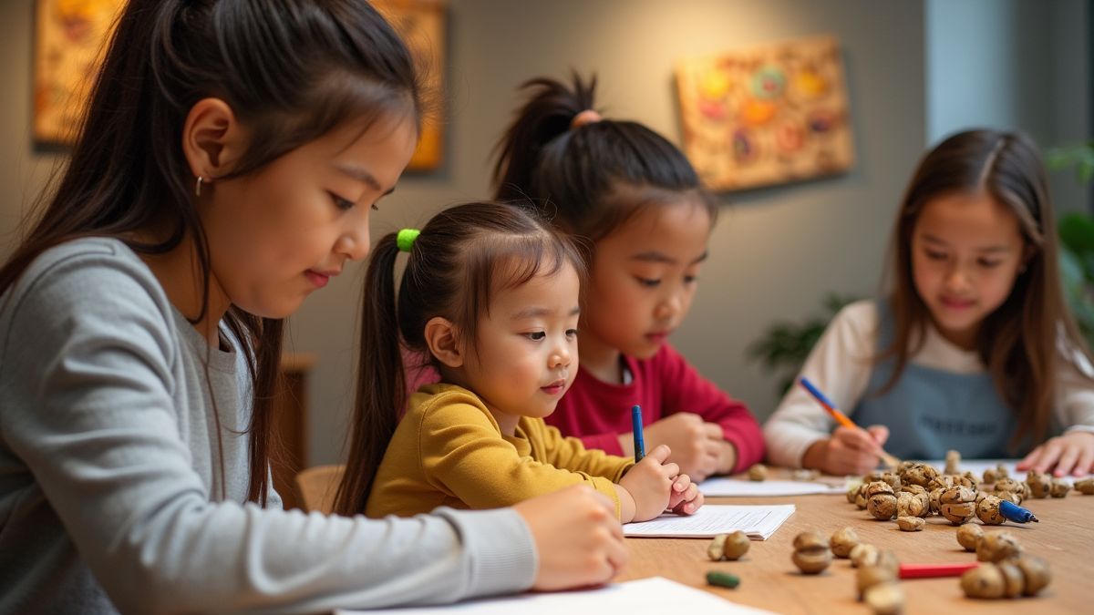 Een gezin dat deelneemt aan een workshop in een museum.