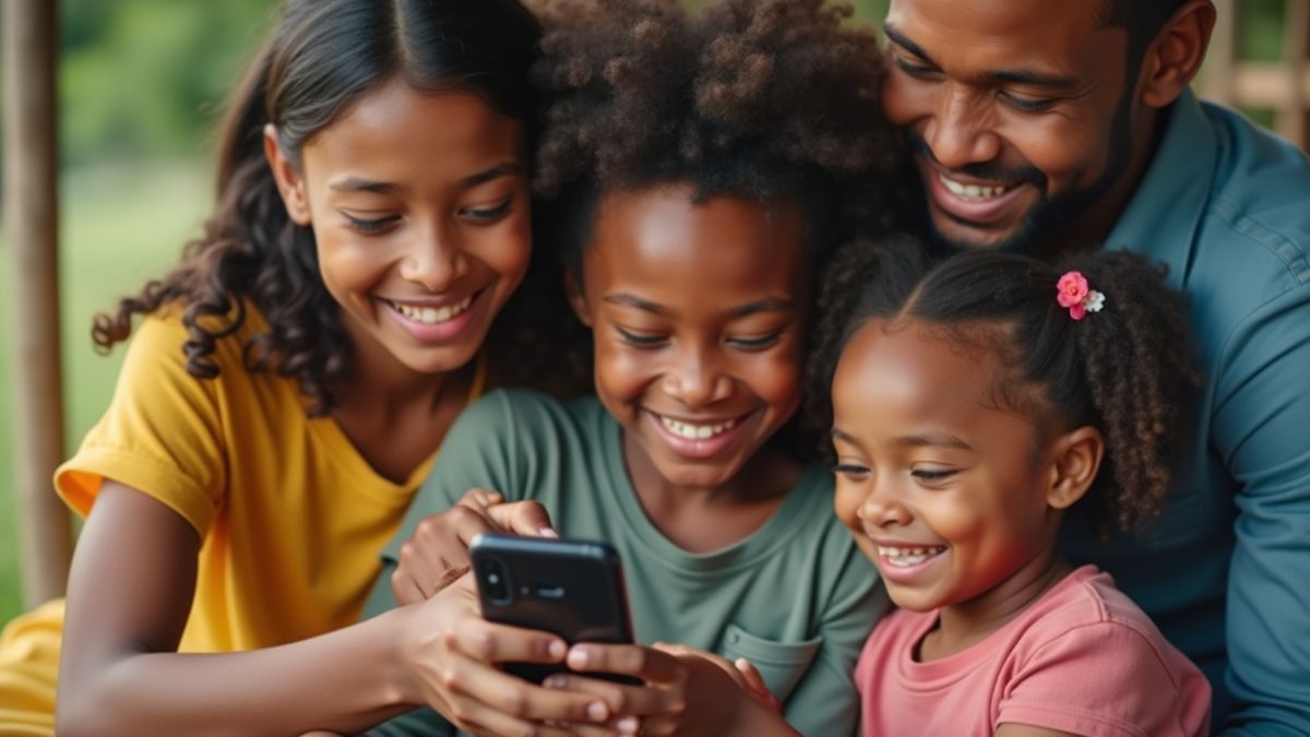 Een gezin dat met een mobiele app geld verzendt