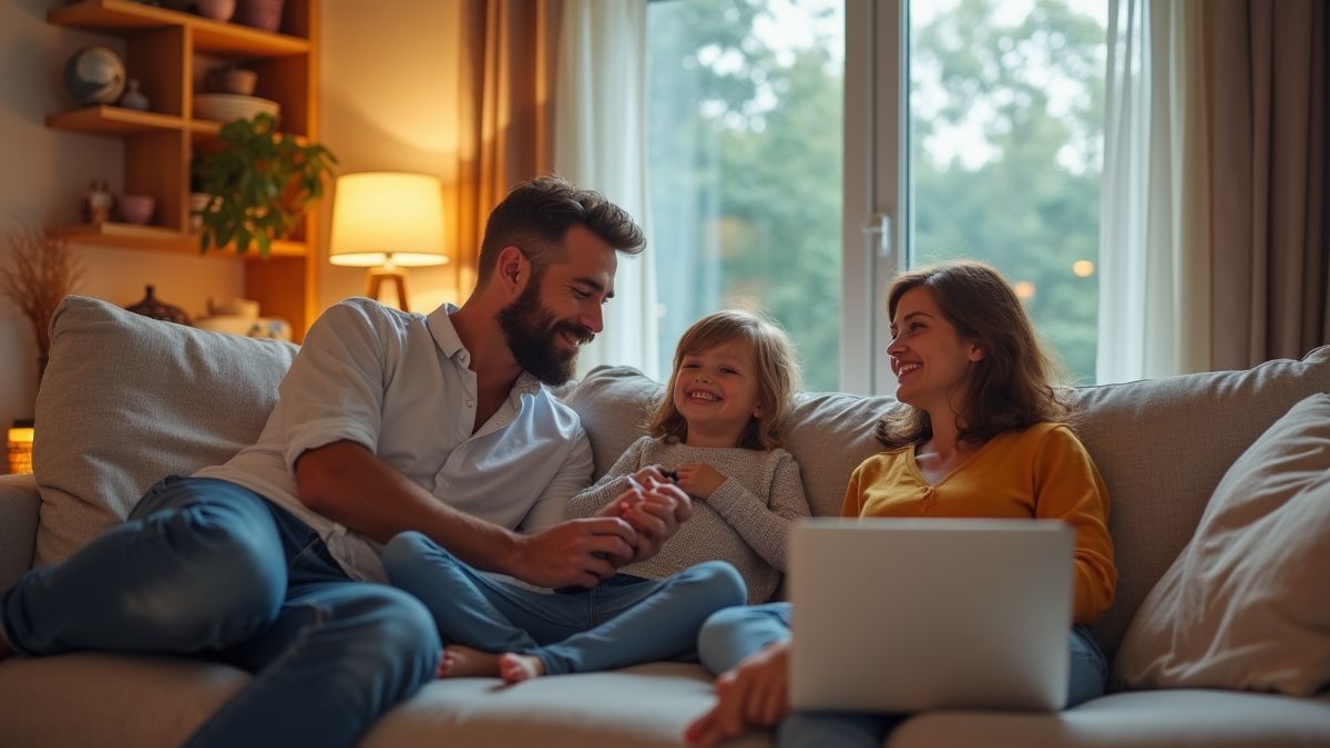 Een gezin dat ontspant in een slim huis met verschillende slimme apparaten