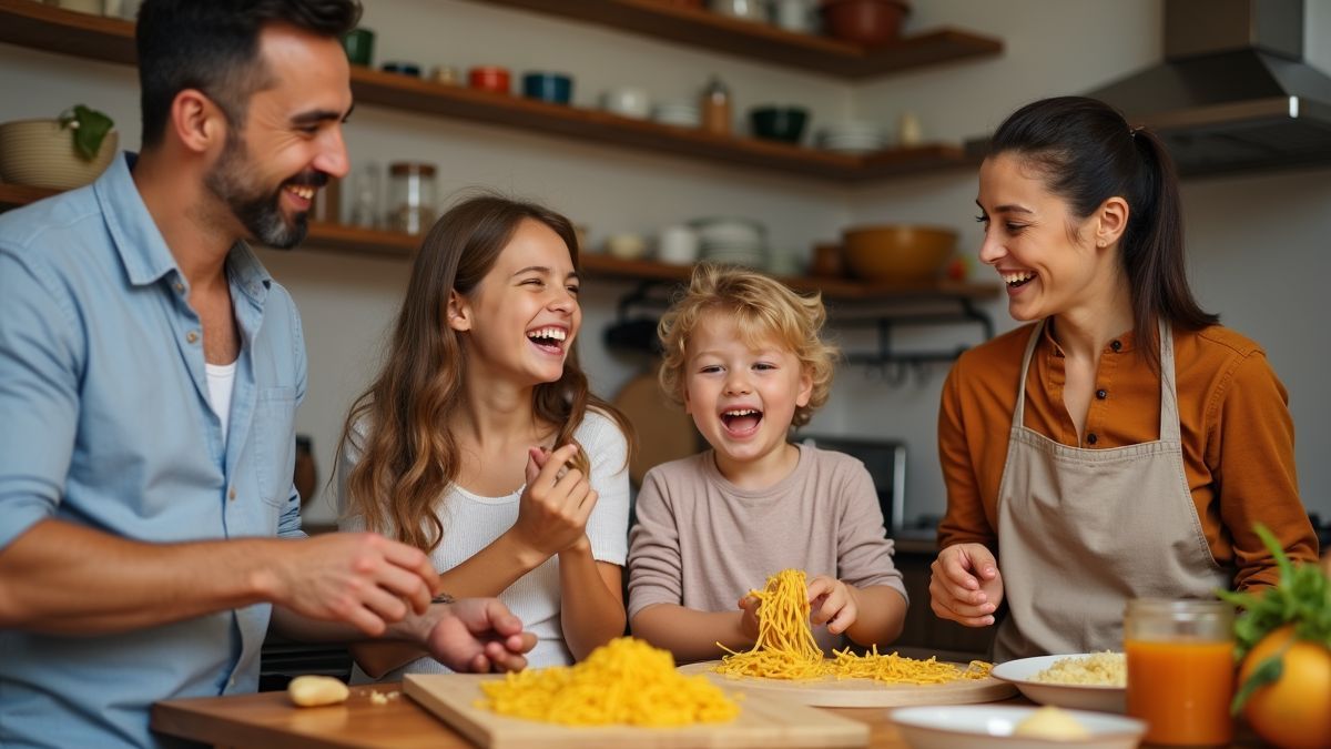 Een gezin dat samen pasta kookt in de keuken.