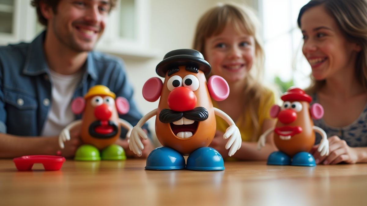 Een gezin dat samen speelt met Mr. Potato Head speelgoed aan de keukentafel.