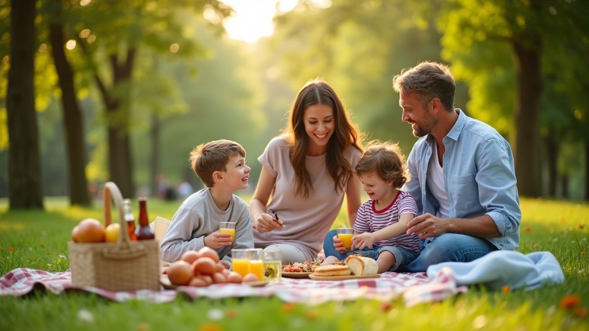 Een gezin geniet van een picknick in een lokaal park tijdens Toerisme Dag