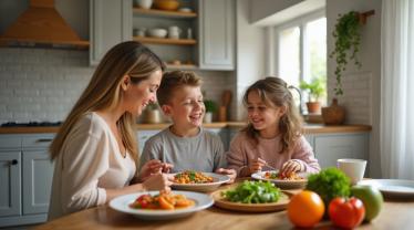 Een gezin geniet van een veilige maaltijd aan een eettafel met verse groenten en fruit