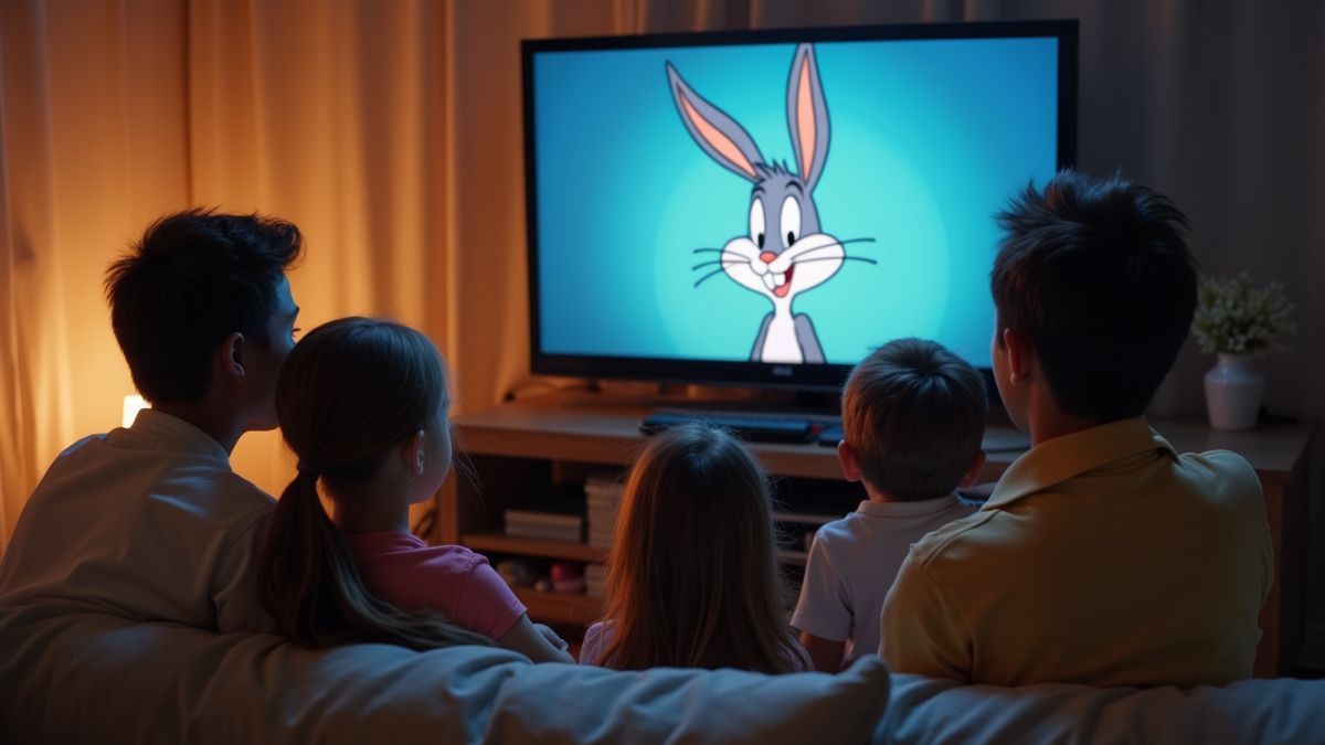 Een gezin kijkt naar Looney Tunes met Bugs Bunny op de televisie.