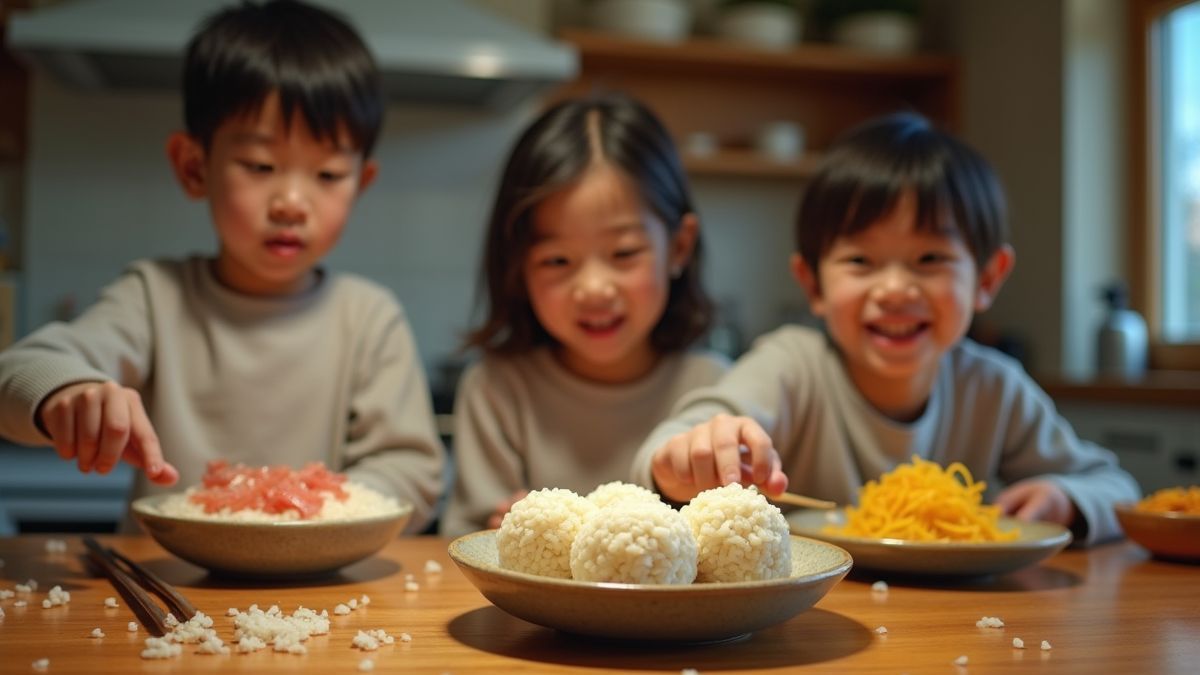 Een gezin maakt rijstballen in de keuken.