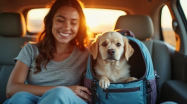 Hond in veiligheidsharnas op achterbank van auto