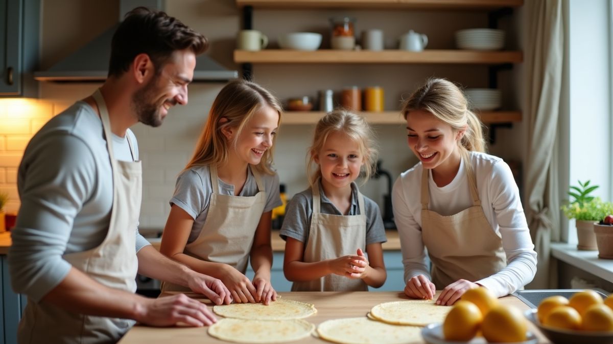 Een gezin verzameld in de keuken om crêpes te maken