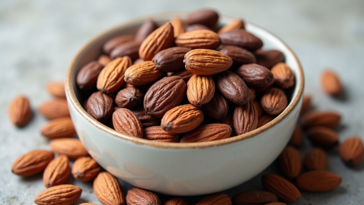 Een gezonde kom van donkere chocolade amandelen met amandelen eromheen
