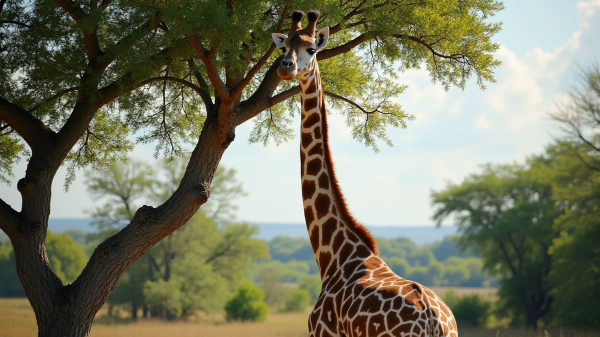 Een giraffe eet bladeren van een hoge boom.