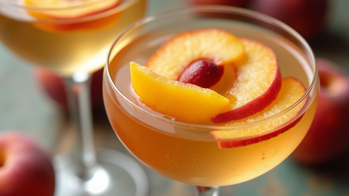Een glas Prosecco met verse perzikschijfjes
