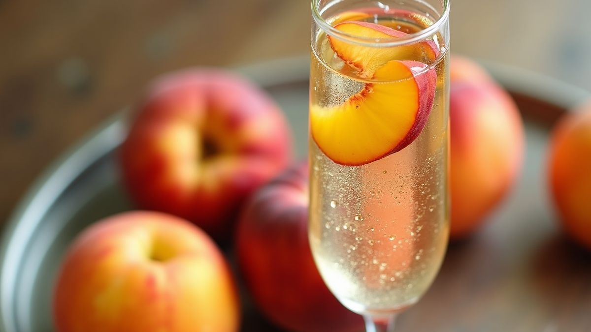 Een glas Prosecco met verse perzikschijfjes