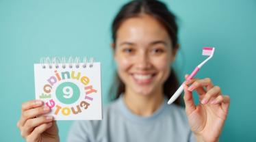 Een glimlachend persoon met een tandenborstel en flosdraad