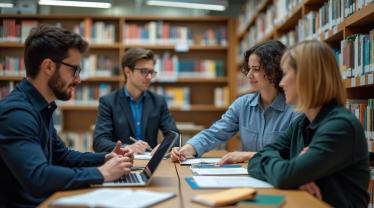 Een bibliothecaris tussen een collectie boeken in een grote bibliotheek
