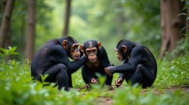 Een groep chimpansees die speelt in een weelderig, groen bos