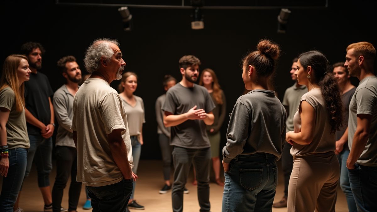 Een groep diverse acteurs die repeteren in een theater